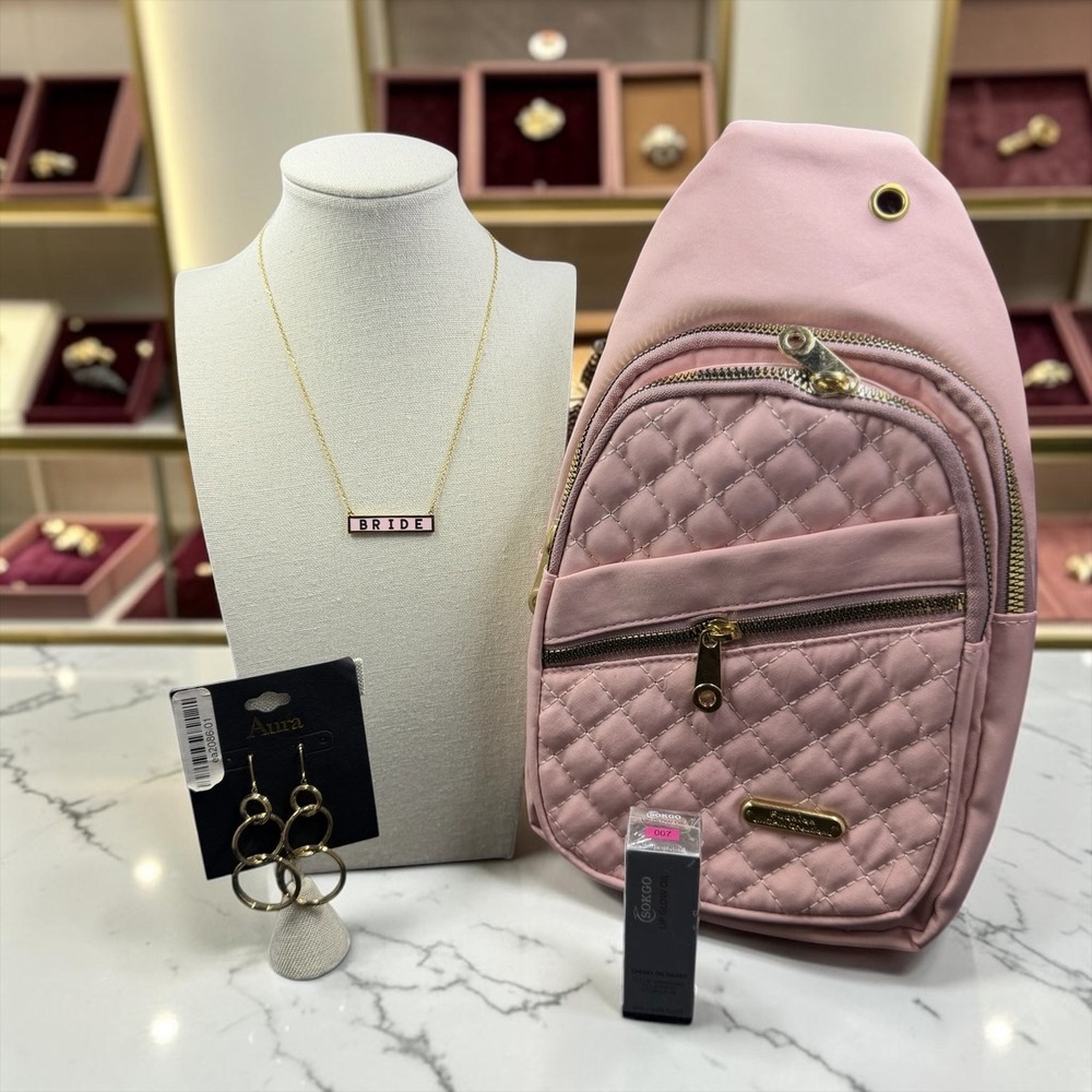 Bridal Gift Set Bride Necklace Pink Quilted Sling Backpack Earrings Lip Oil New